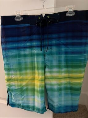 Men's Gradient Blue-Green Swim Trunks with Yellow Stripe